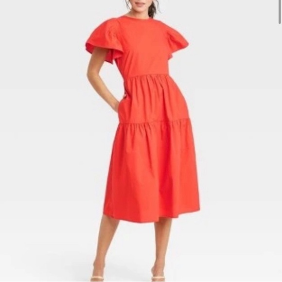 Who What Wear Dresses & Skirts - Who What Wear Red Short Puff Sleeve Pocket Tiered Midi Dress, Medium